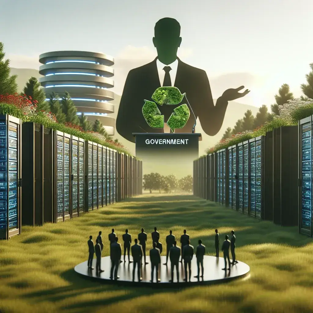 "Infografía del Gobierno anunciando inversión récord en centros de datos sostenibles para promover la tecnología ecológica y la eficiencia energética."