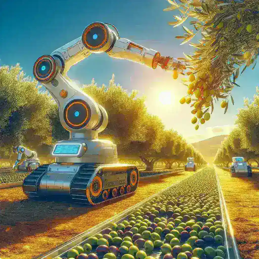 "Robots agrícolas españoles en una plantación de olivos, diseñados por startups para mejorar la cosecha y manejo agrícola."